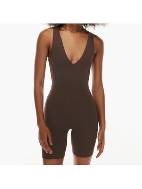 Aritzia Babaton Contour Brown V‑Neck Fitted Romper Jumpsuit